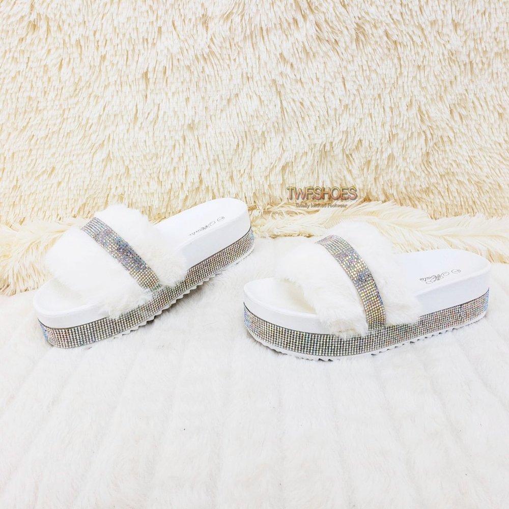 White Furry Rhinestone Platform Slippers